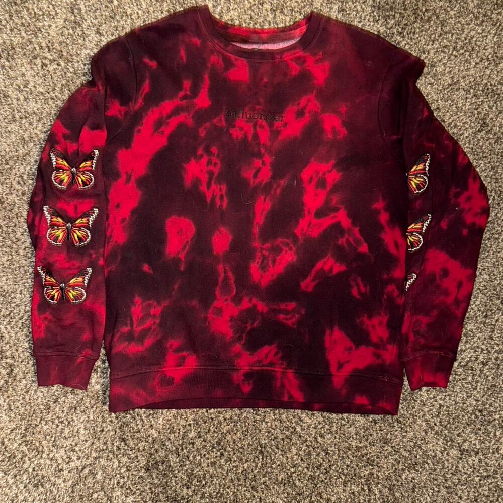 Red and Black Tie-Dye Sweatshirt with Butterfly Patches